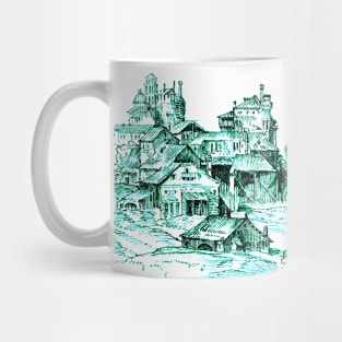 Old-World Town Teal Outline Art Mug